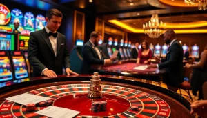 Gamble with excitement at Lc88.com, featuring a roulette table and vibrant slot machines.