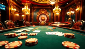 Exciting poker game scene at pahala4d casino with vibrant chips and cards on the table.