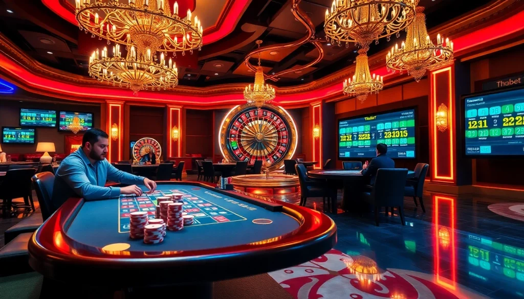 Experience a thrilling poker game with Thabet, high stacks of chips, and vibrant casino atmosphere.