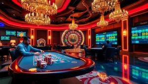 Experience a thrilling poker game with Thabet, high stacks of chips, and vibrant casino atmosphere.
