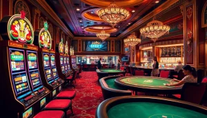 Experience thrilling gaming moments at 8KBET casino with vibrant slot machines and poker action.