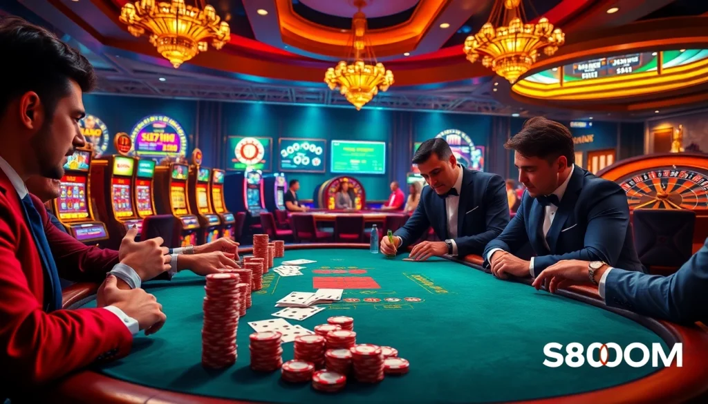 S804 COM players at a high-stakes poker table with rich colors and action-packed atmosphere.