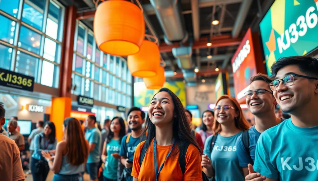 Diverse audience enjoying vibrant entertainment at https://kjc365.com/ hub with dynamic activities and modern design.