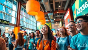 Diverse audience enjoying vibrant entertainment at https://kjc365.com/ hub with dynamic activities and modern design.