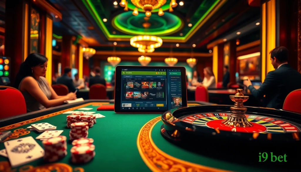 Experience thrilling gameplay at i9bet with cards, chips, and a roulette wheel.