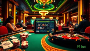 Experience thrilling gameplay at i9bet with cards, chips, and a roulette wheel.