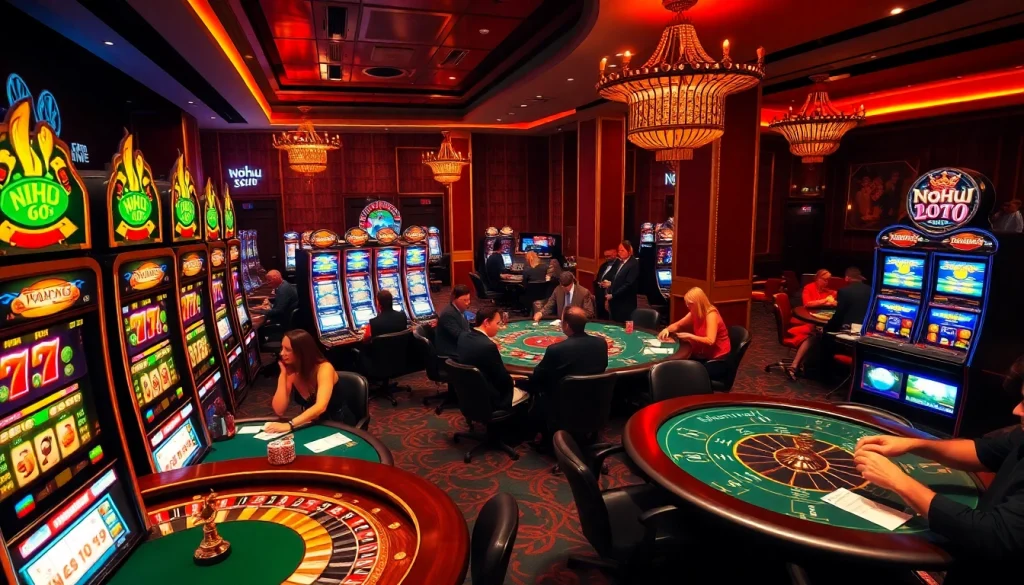Nohu90 đăng nhập: gamblers eagerly placing bets at luxurious casino tables with vibrant slot machines in the background.
