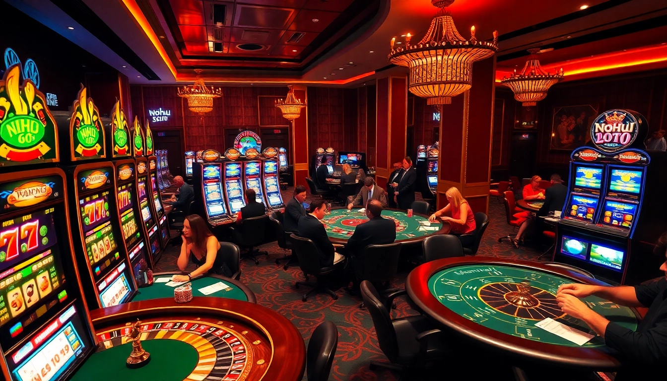 Nohu90 đăng nhập: gamblers eagerly placing bets at luxurious casino tables with vibrant slot machines in the background.