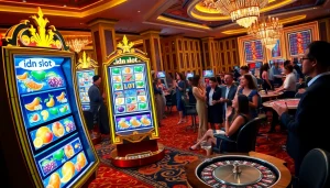 Players engaged at an idn slot machine in a vibrant casino, showcasing excitement and luxury.