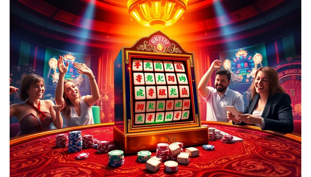 Spin the reels of the mahjong slot demo in this vibrant casino scene filled with excitement.