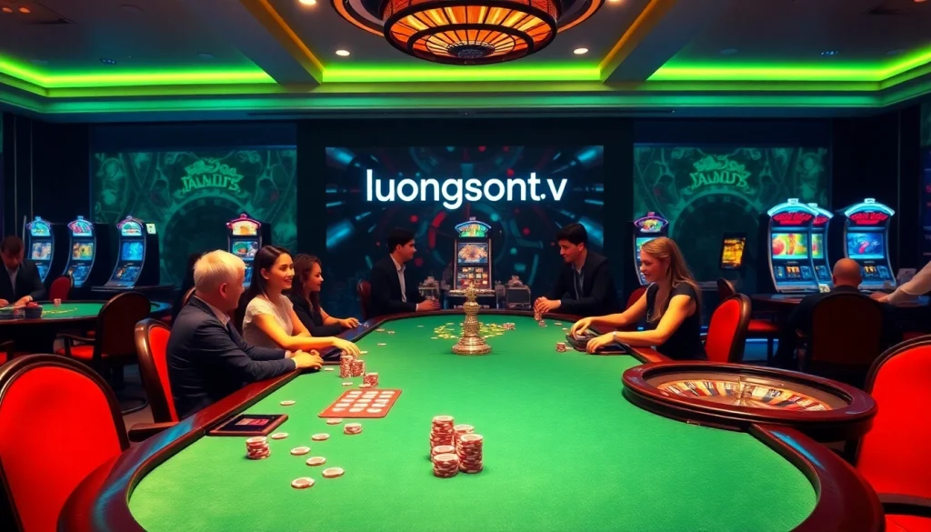 Players enjoy exciting games at a luxurious casino while streaming on luongsontv and experiencing exhilarating gambling moments.