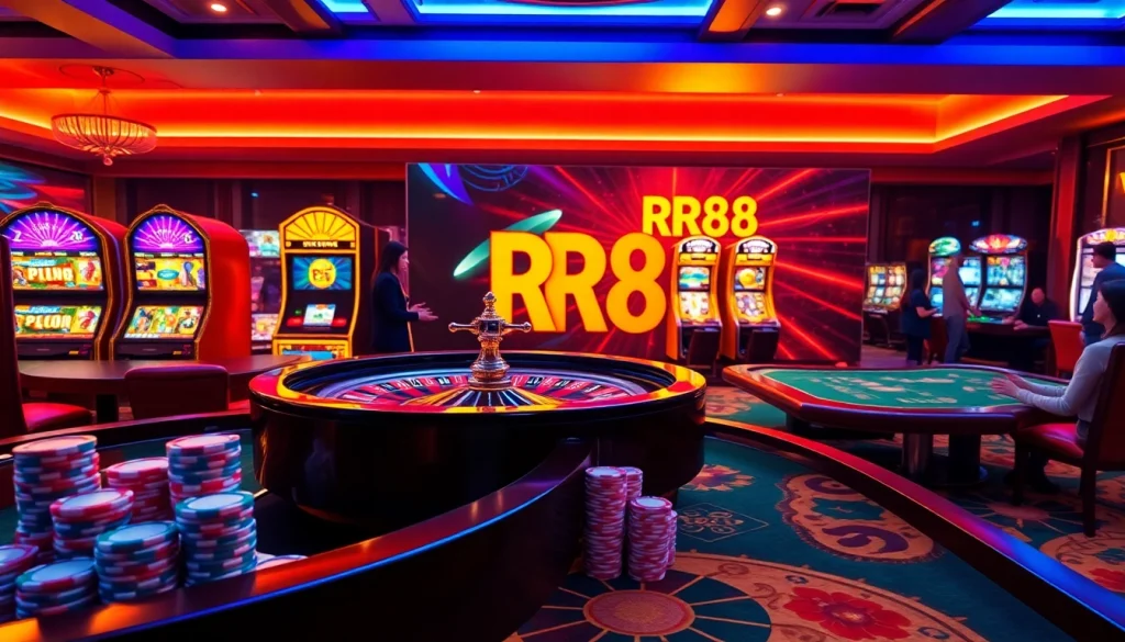 Players enjoying casino games on the RR88 platform, featuring colorful slot machines and poker chips.