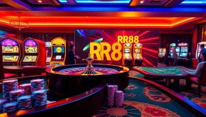 Players enjoying casino games on the RR88 platform, featuring colorful slot machines and poker chips.