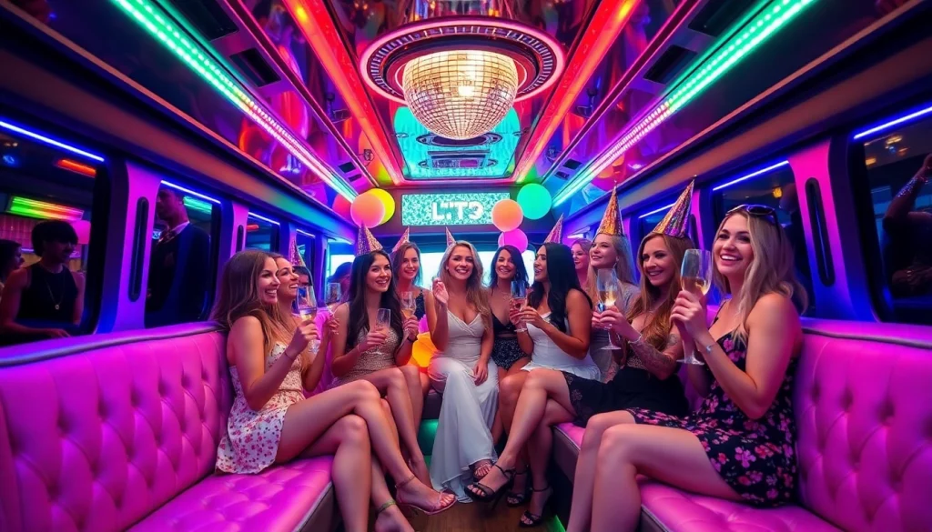 Exciting hen night party bus with women celebrating, colorful lights, and festive decor.