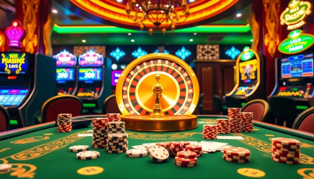Adegan menarik dari kegembiraan perjudian Datukwin dengan chip poker dan roda roulette.