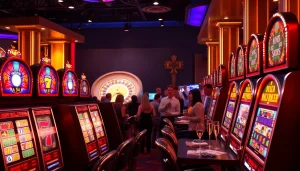 SLOT machines in a luxurious casino setting featuring vibrant designs and patrons engaged in gameplay.