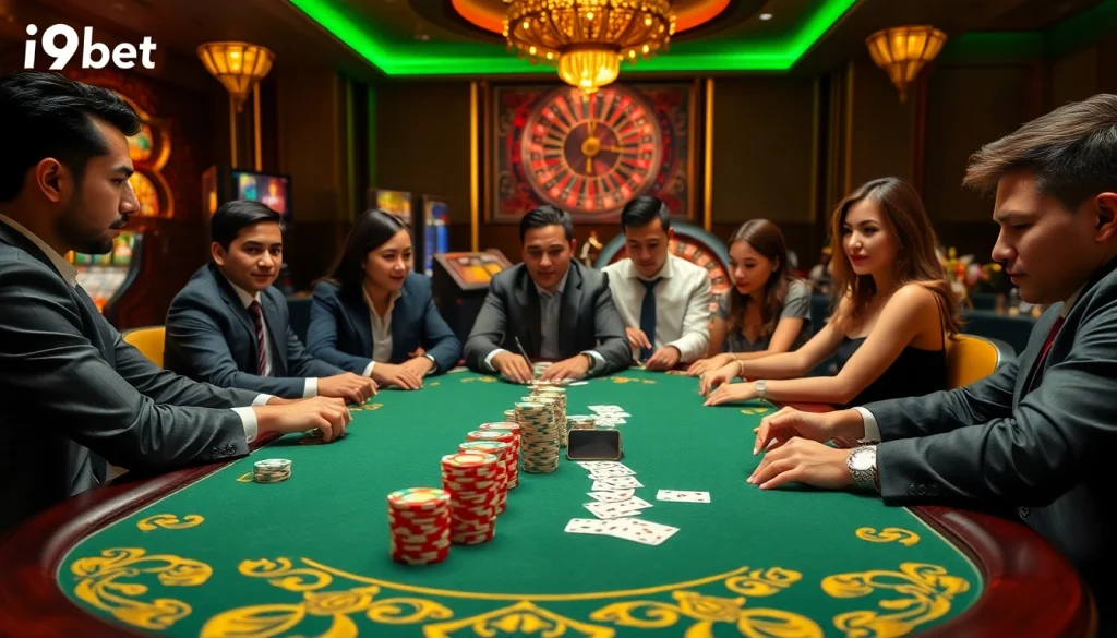 Exciting gameplay at i9bet casino with poker chips, cards, and vibrant atmosphere.
