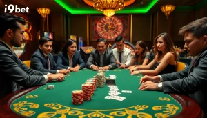 Exciting gameplay at i9bet casino with poker chips, cards, and vibrant atmosphere.