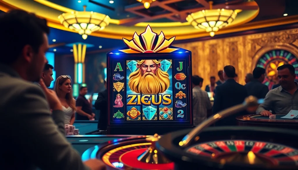 Players are enjoying the thrilling Zeus slot, capturing the excitement in an extravagant casino setting.
