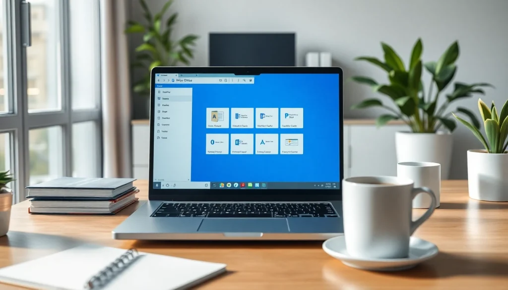 展示在笔记本电脑上使用 WPS Office 套件的现代办公工作区，提升生产力。
