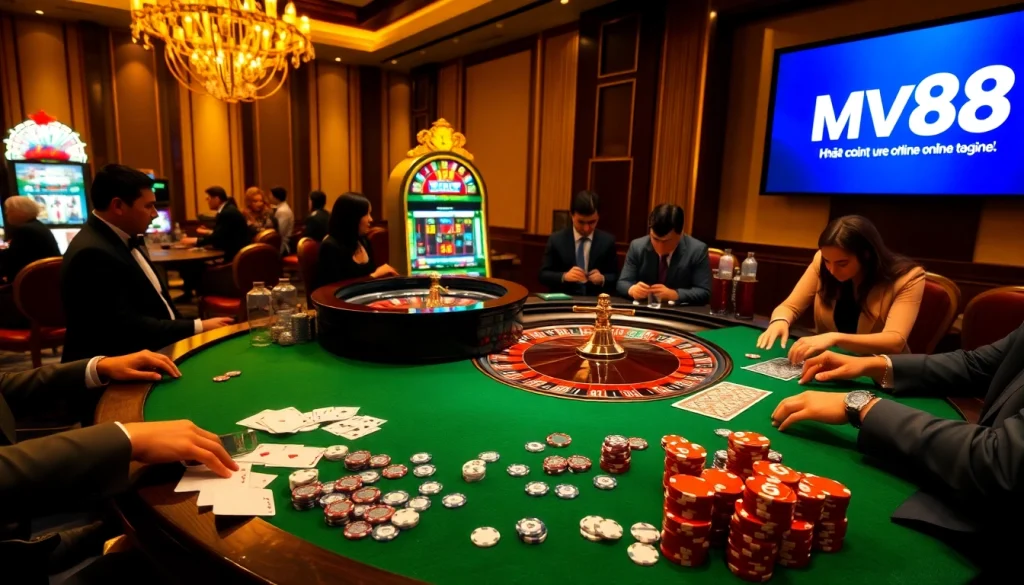 Players engaging at a glamorous casino table, highlighting the excitement of Nhà cái MV88's gaming experience.