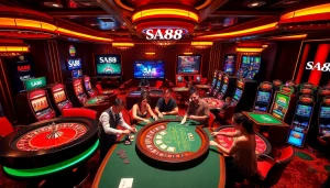 Players engaging in thrilling bets at SA88 casino with vibrant tables and digital displays.