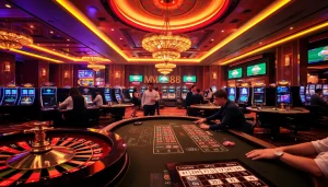 Experience the excitement of betting at MM88's luxurious casino with vibrant tables and players.