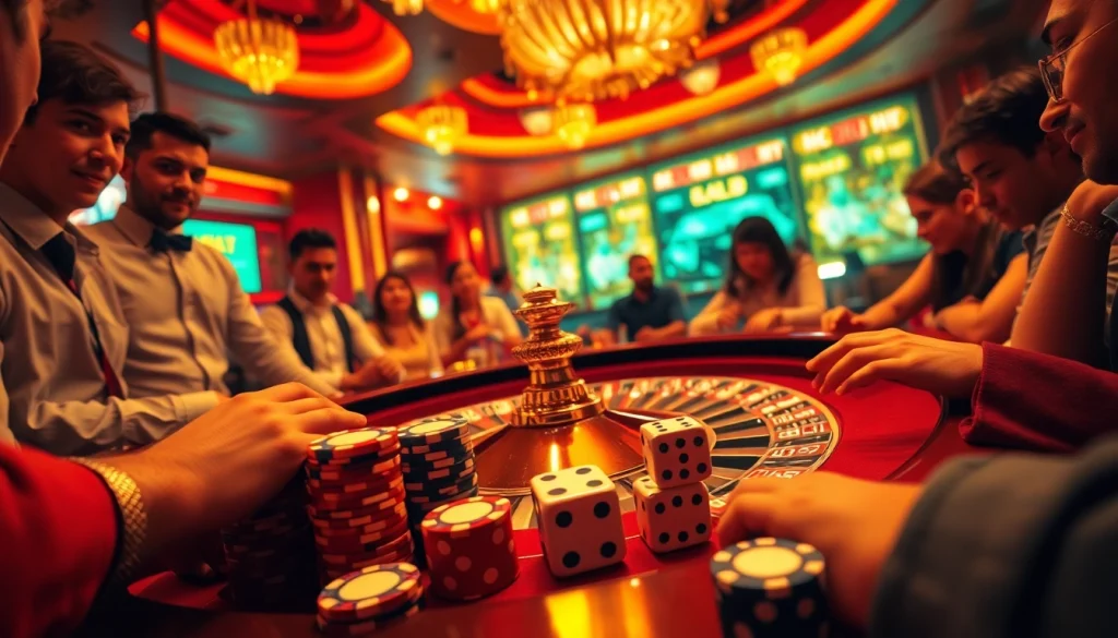 KJC casino scene with a vibrant roulette table and eager players, showcasing luxury and excitement.