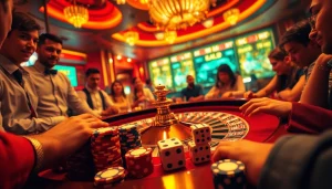 KJC casino scene with a vibrant roulette table and eager players, showcasing luxury and excitement.