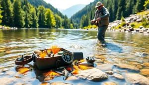 Showcase various fly fishing accessories with an angler casting in a serene mountain stream.