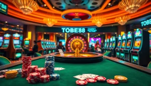 Engaging gambling scene with TOBET88 branding, featuring vibrant tables, poker chips, and slot machines.