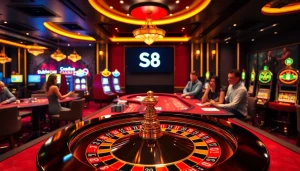 S8 casino table displaying vibrant poker chips and cards, showcasing exciting gambling action.