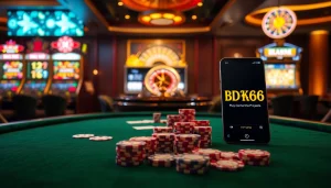 Experience the thrill of BDTK66 with poker chips at a vibrant casino table.