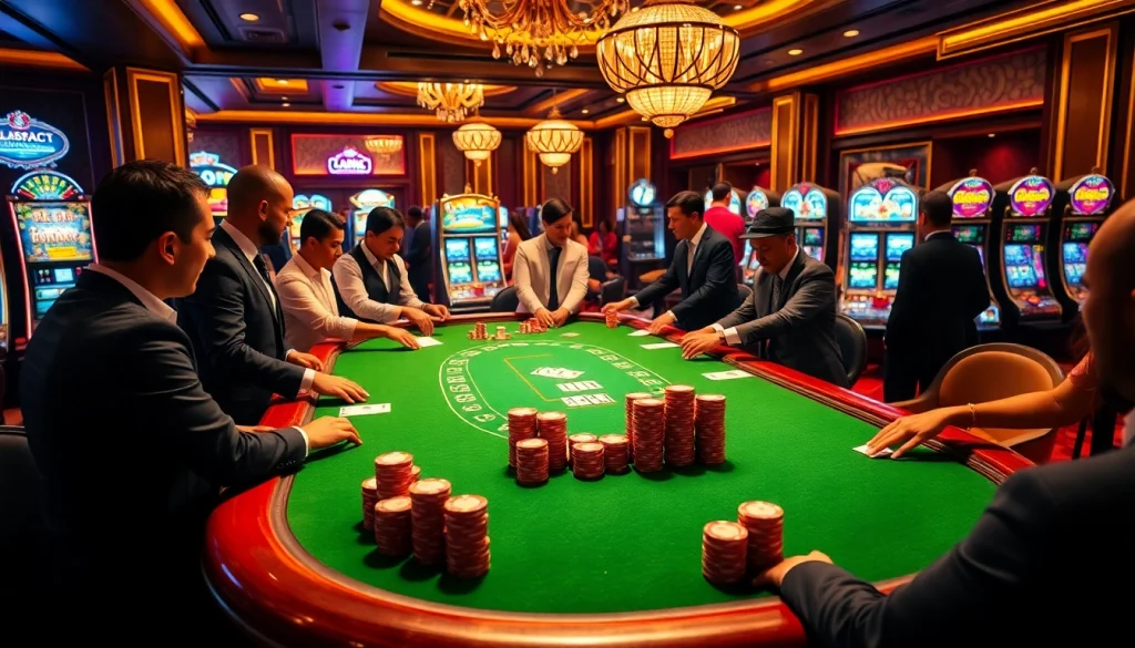 Engaging scene of a k9k9 game at a luxurious casino, featuring players and vibrant chips.