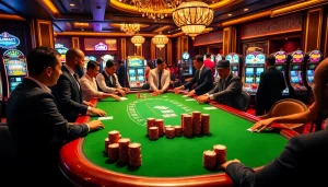 Engaging scene of a k9k9 game at a luxurious casino, featuring players and vibrant chips.