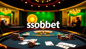 Experience sbobet's thrilling online gambling with vibrant poker and roulette tables in an elegant setting.
