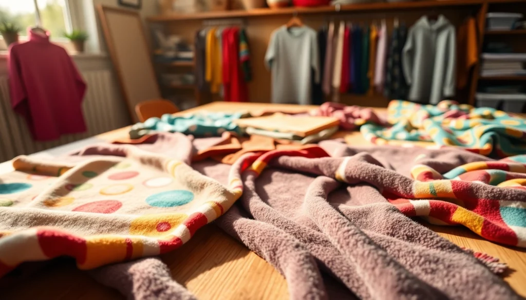 Bekijk gedessineerde fleece stoffen op een creatieve tafel met artisanale ontwerpen.