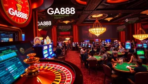 Experience the excitement of GA888 gaming with vibrant casino visuals including roulette and slot machines.