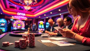 Engaging scene of gamblers at a ketquabongda poker table, showcasing chips and cards.