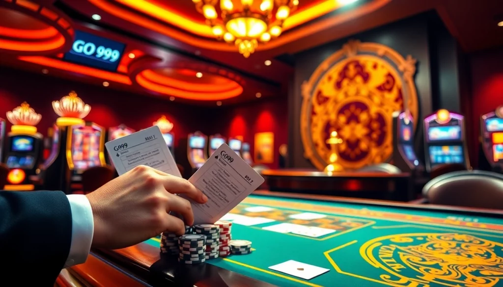 Experience the thrill of GO99 at an upscale casino, featuring poker chips and a roulette wheel.