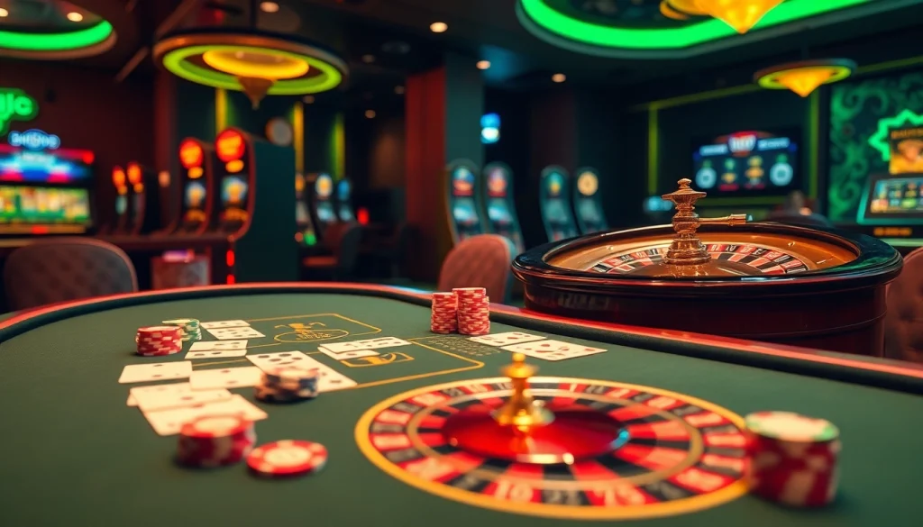 Experience the thrill of online gaming with https://bong88.casa/ showcasing a vibrant casino scene filled with poker chips and roulette tables.