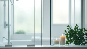 Admire the stunning glass shower doors reflecting light in a modern bathroom.
