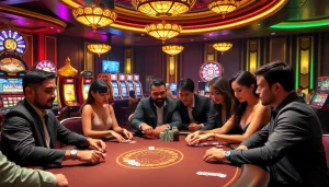 Experience thrilling gameplay at top club casino tables featuring vibrant poker action and sparkling slot machines.