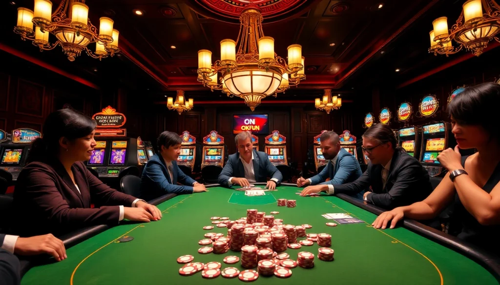 Exciting poker game scene at OKFUN casino with vibrant chips and players.