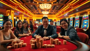 Gambling scene featuring Batara88-themed slot machines and joyful players at a luxurious casino.