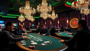 SODO casino scene displaying poker players competing with colorful chips and cards.