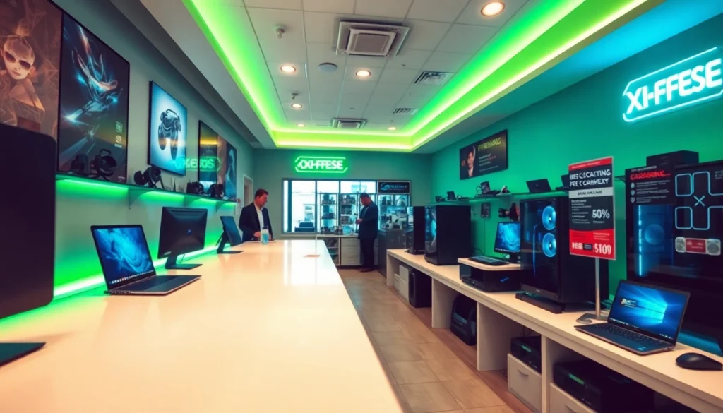 Gaming-PC-Ankauf in einer modernen Reparaturwerkstatt, in der PCs und Zubehör von freundlichem Personal präsentiert werden.