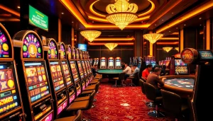 Experience the thrill at slot online terpercaya with players enjoying exciting casino games and vibrant slot machines.