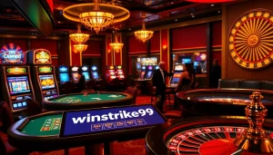 Winstrike69 players enjoying high-stakes gaming at luxurious casino tables with vibrant slot machines.