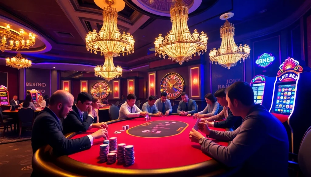 Engaging casino scene at https://five88sss.com/ with poker players at a luxurious table and a roulette wheel.